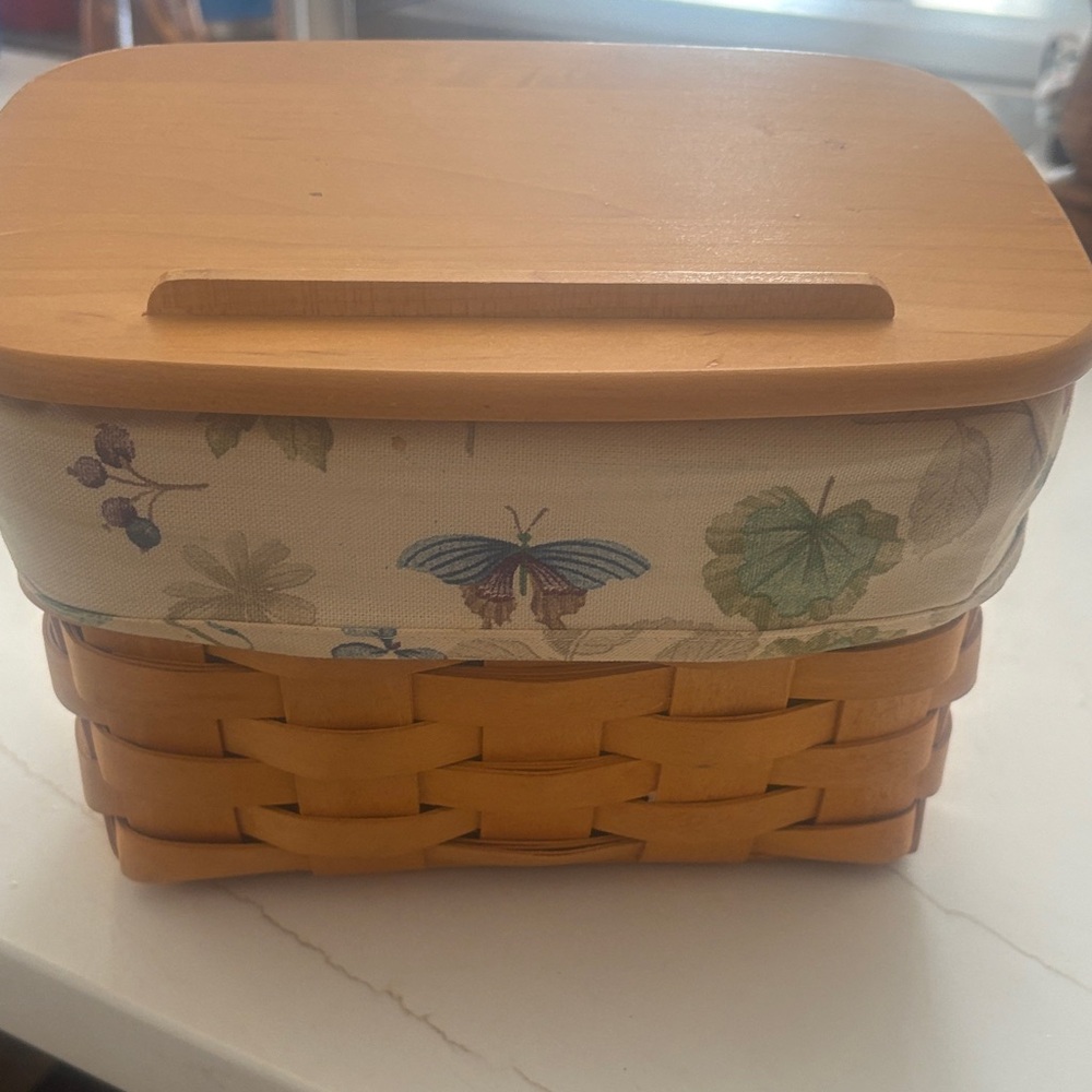 Longaberger recipe card basket   with Butterfly Print liner and wooden lid.